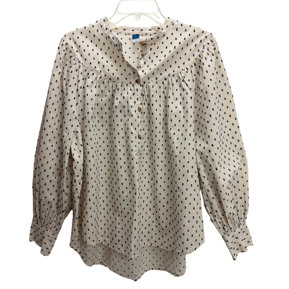 Old Navy Cream Long‎ Puff-Sleeve Black Clip-Dot Henley Swing Blouse XL Casual
